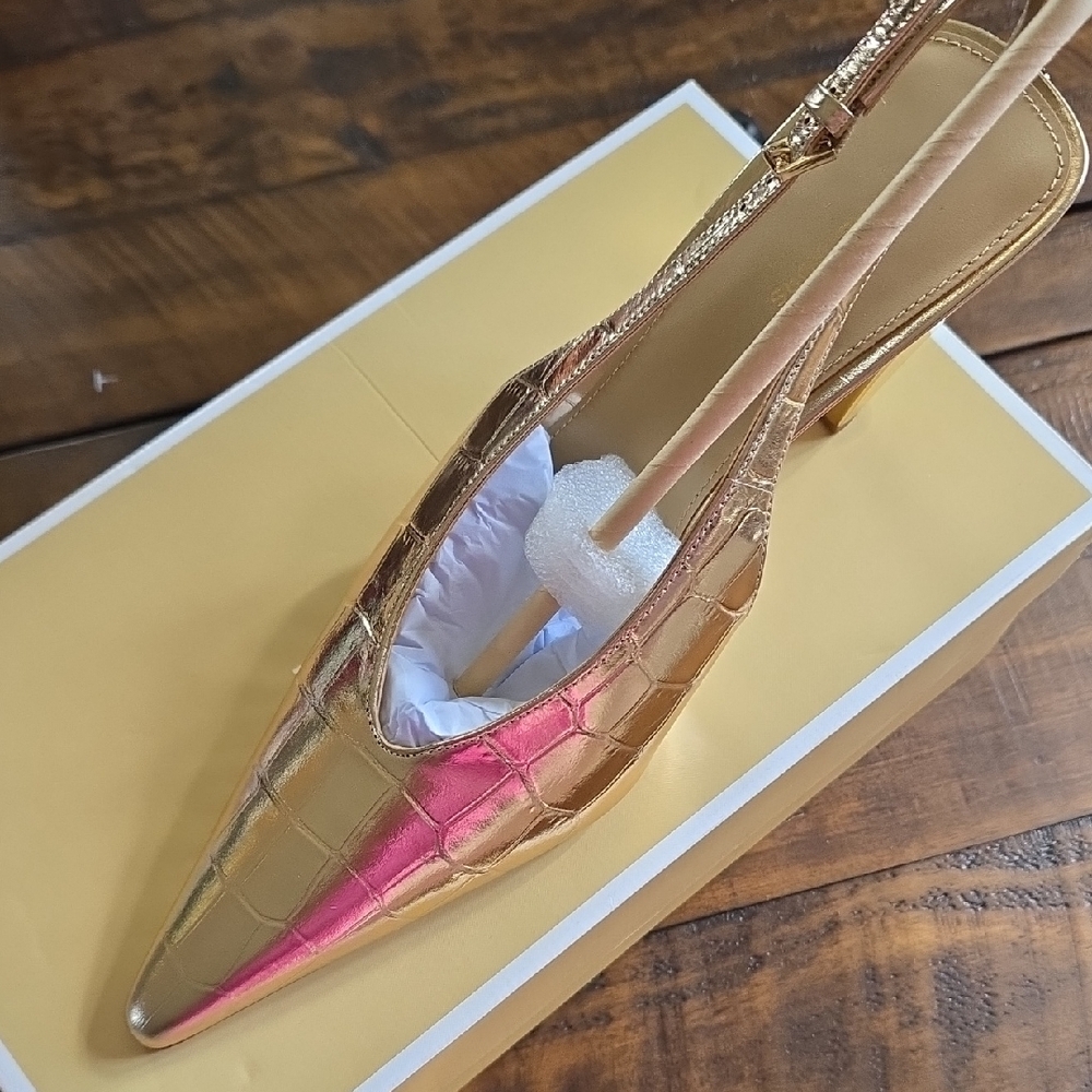 Michael Kors Metallic Gold Croc-Embossed Slingback Pointed Toe Heel